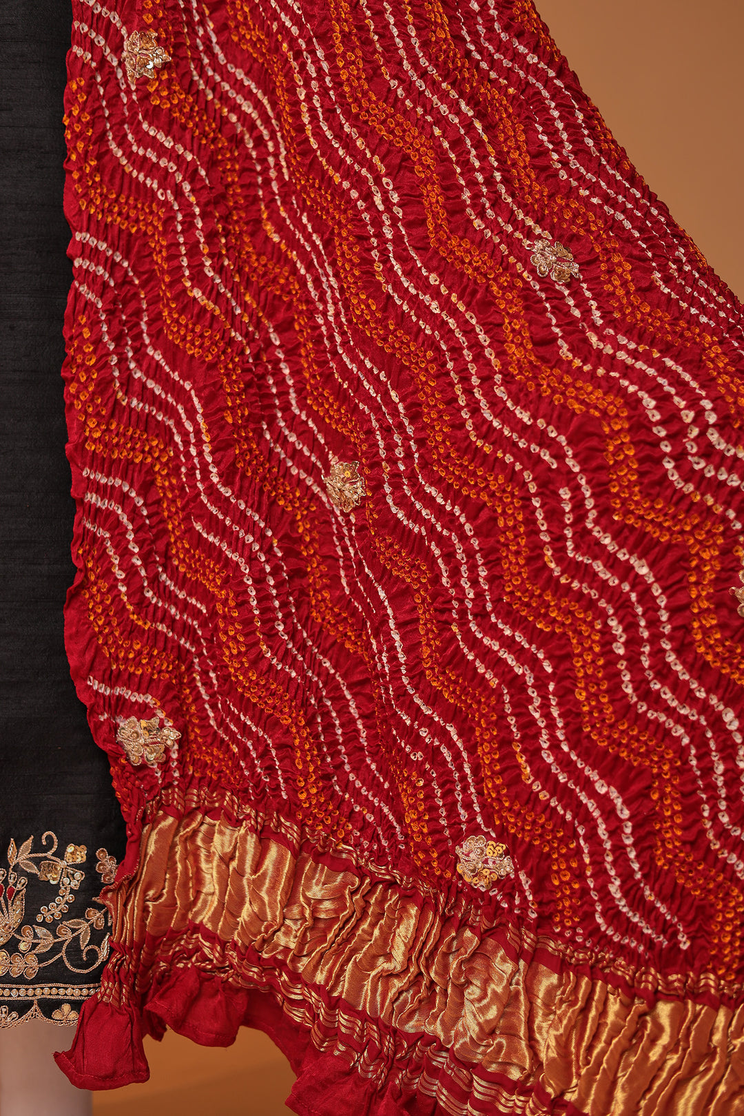 Bandhej Silk Unstitched Suit with Gota Patti, Thread and Zardozi work