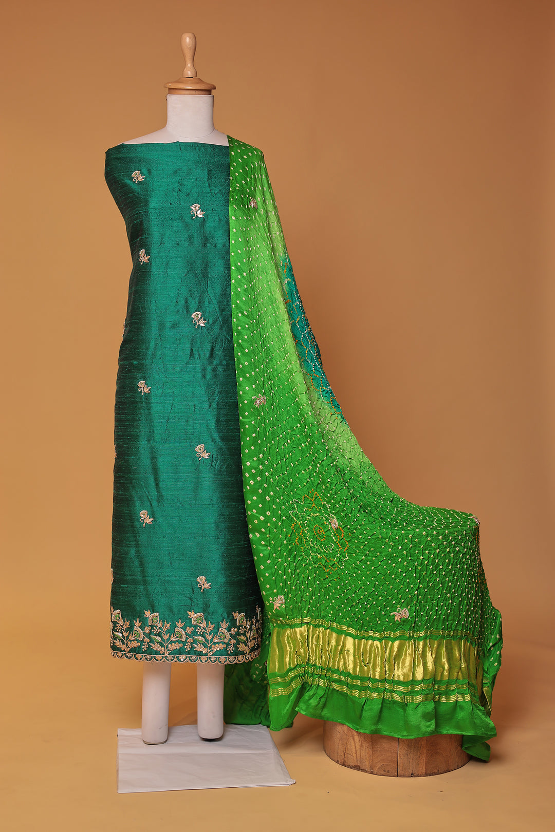 Bandhej Silk Unstitched Suit with Gota Patti, Thread and Zardozi work