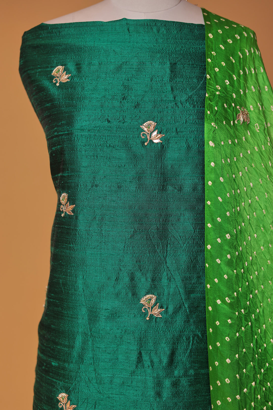 Bandhej Silk Unstitched Suit with Gota Patti, Thread and Zardozi work