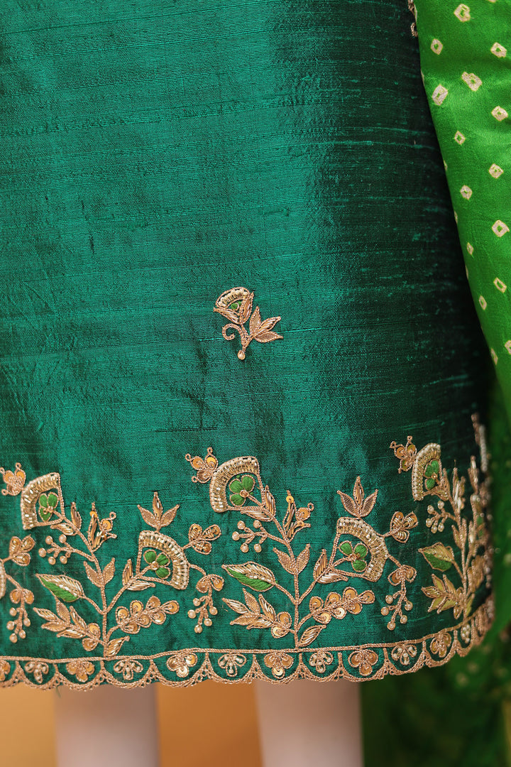 Bandhej Silk Unstitched Suit with Gota Patti, Thread and Zardozi work