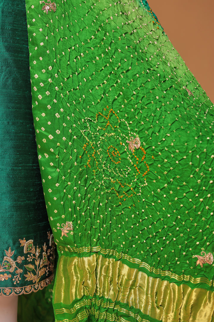 Bandhej Silk Unstitched Suit with Gota Patti, Thread and Zardozi work