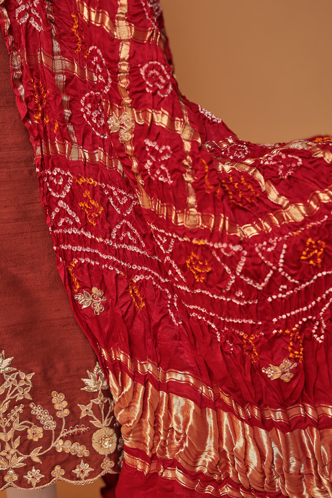 Bandhej Silk Unstitched Suit with Gota Patti, Thread and Zardozi work