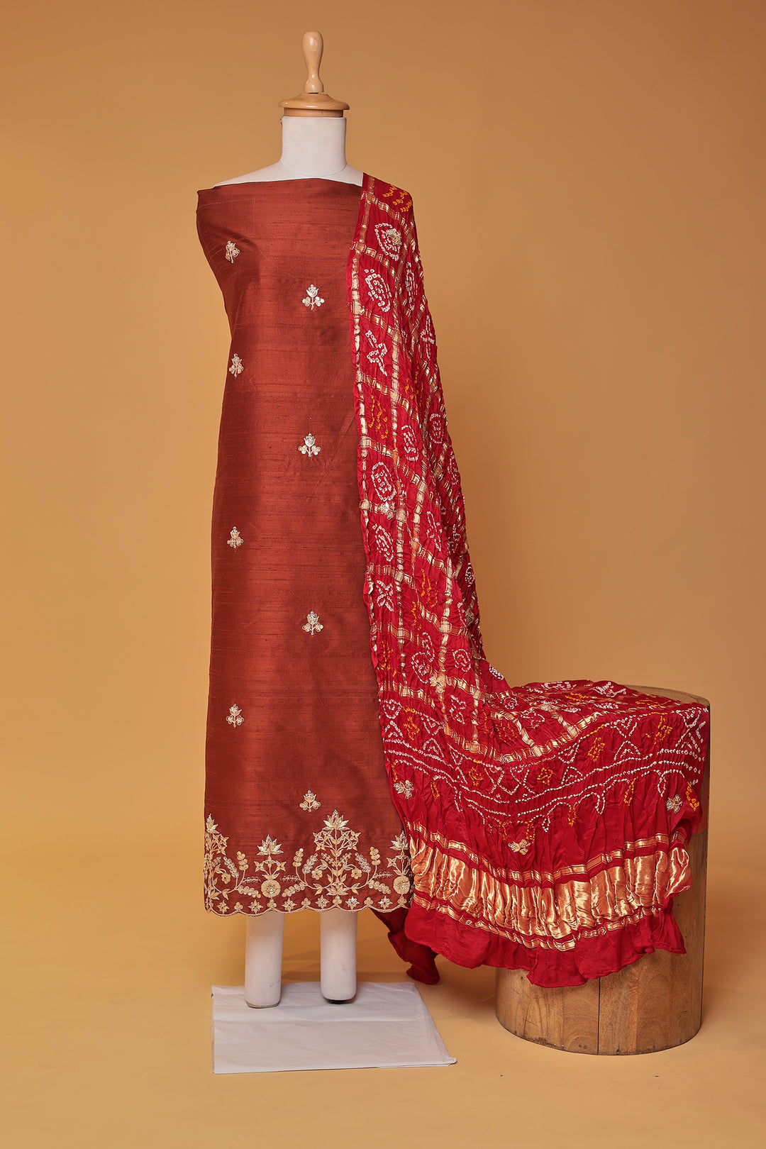 Bandhej Silk Unstitched Suit with Gota Patti, Thread and Zardozi work