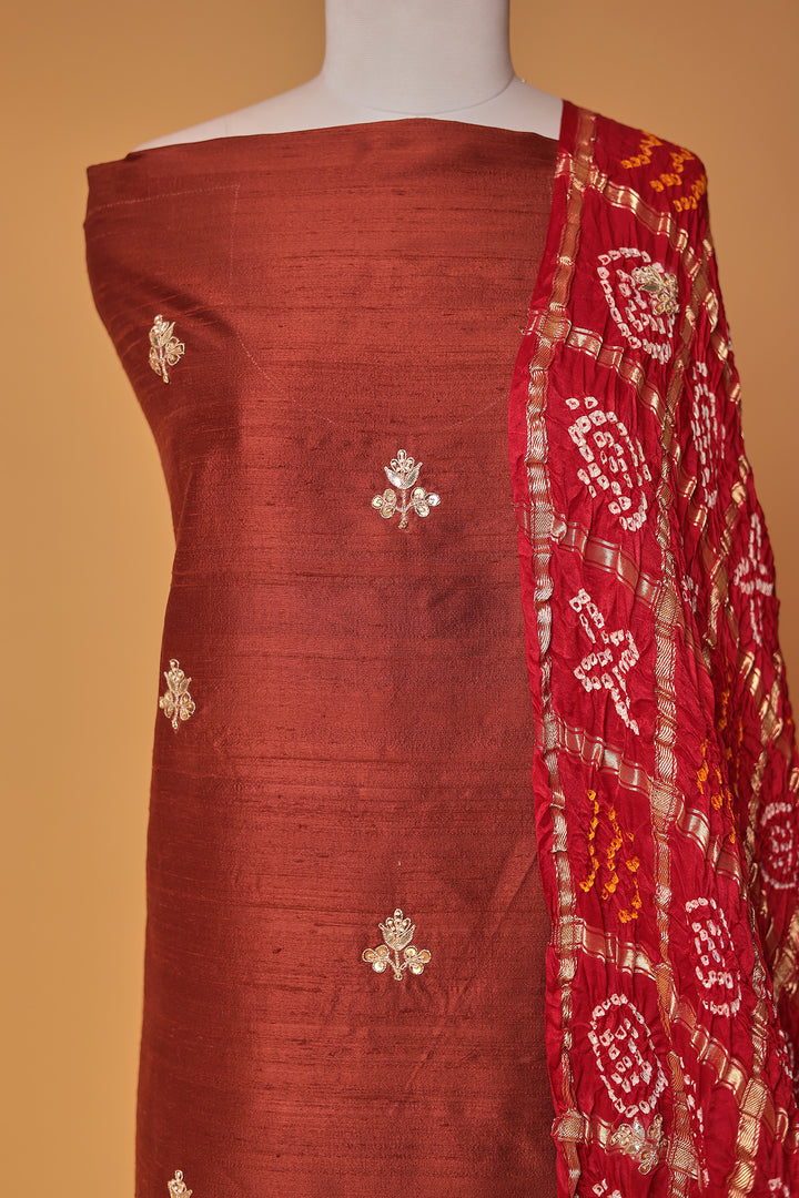 Bandhej Silk Unstitched Suit with Gota Patti, Thread and Zardozi work