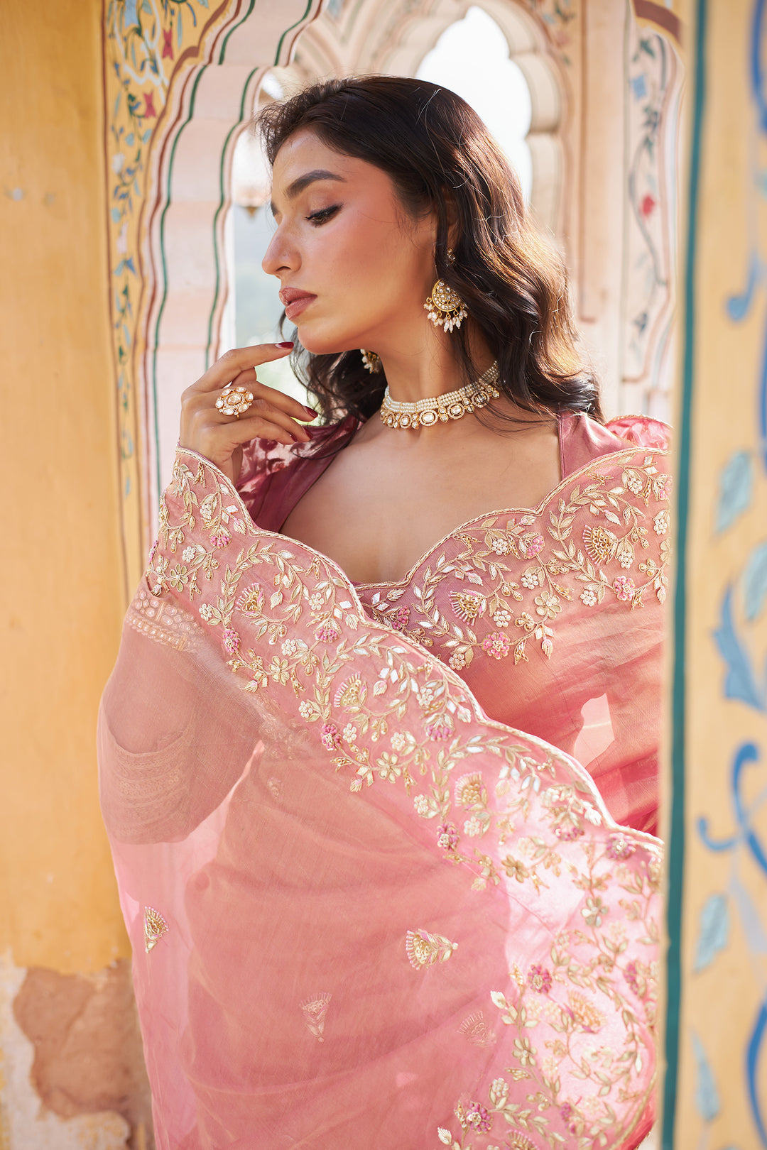 Tissue Saree with Dori, Gota Patti and Zardozi work