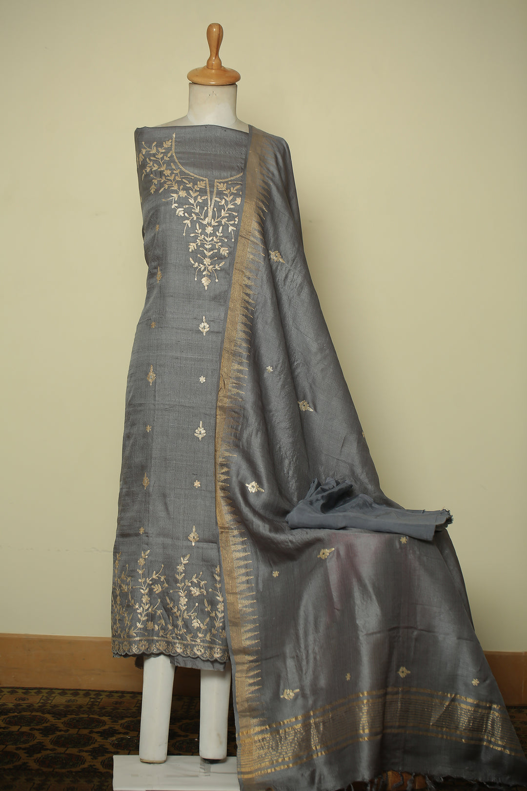 Tussar silk Unstitched Suit with Pittan work.