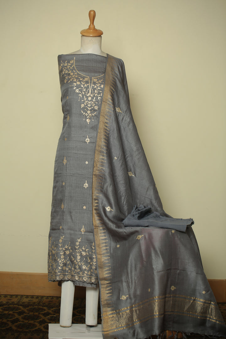 Tussar silk Unstitched Suit with Pittan work.