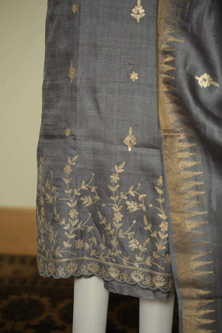 Tussar silk Unstitched Suit with Pittan work.