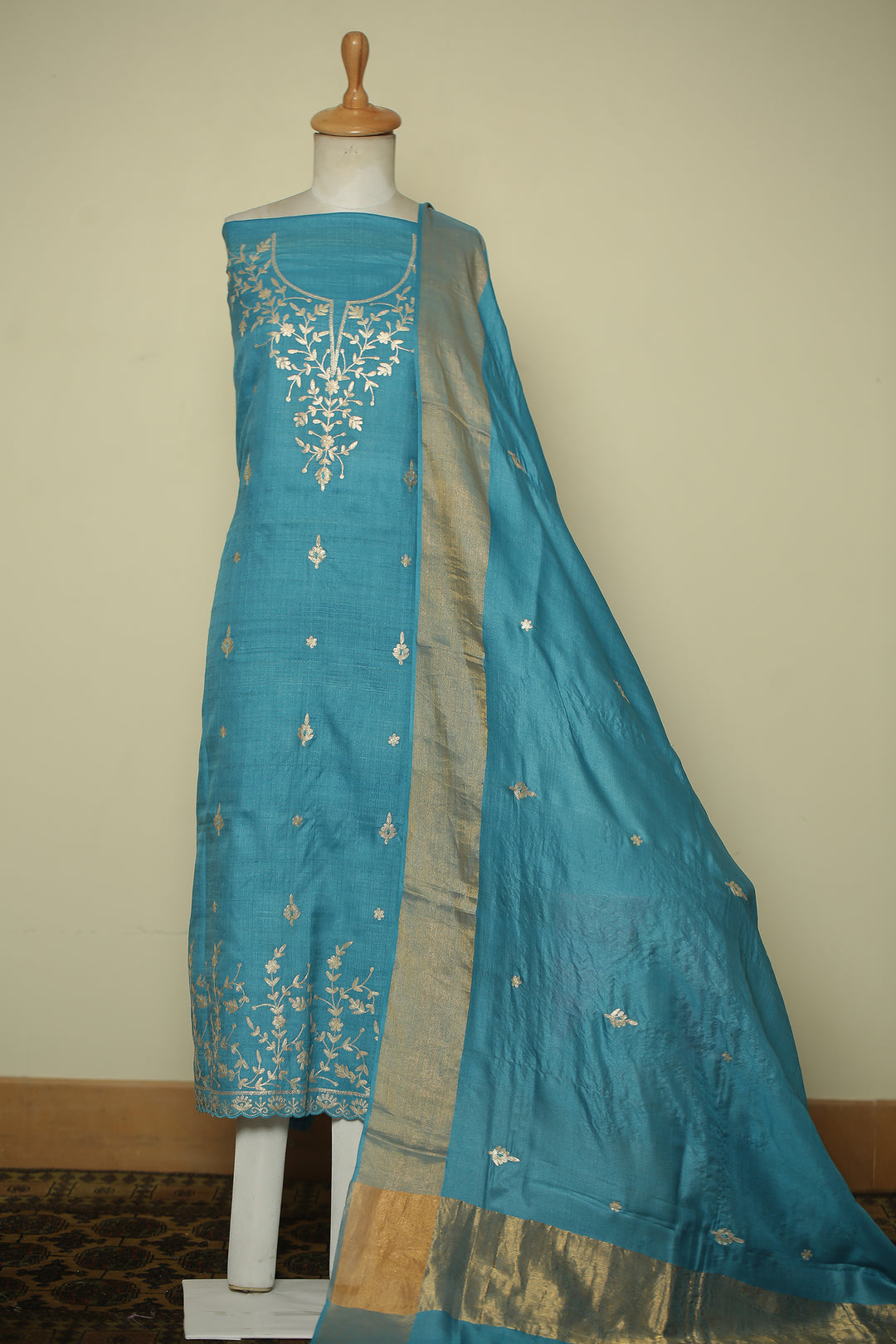 Tussar silk Unstitched Suit with Pittan work.