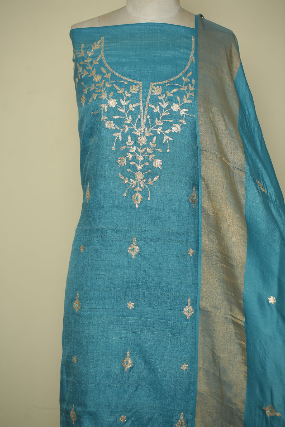 Tussar silk Unstitched Suit with Pittan work.