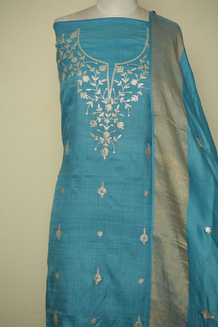 Tussar silk Unstitched Suit with Pittan work.