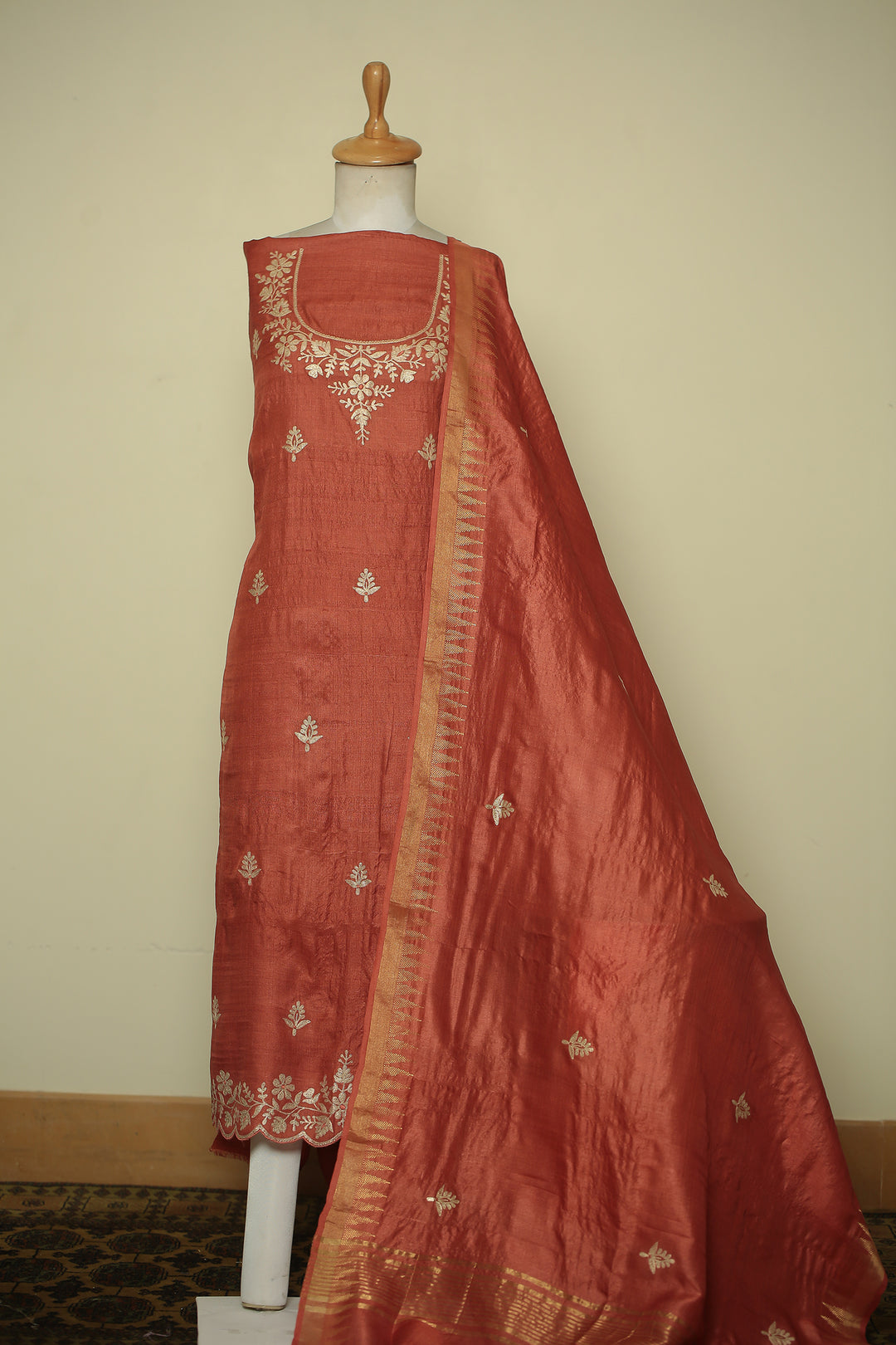 Tussar silk Unstitched Suit with Pittan work.