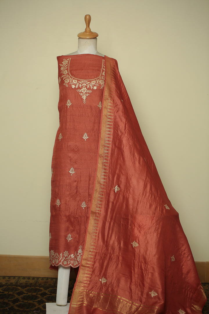 Tussar silk Unstitched Suit with Pittan work.