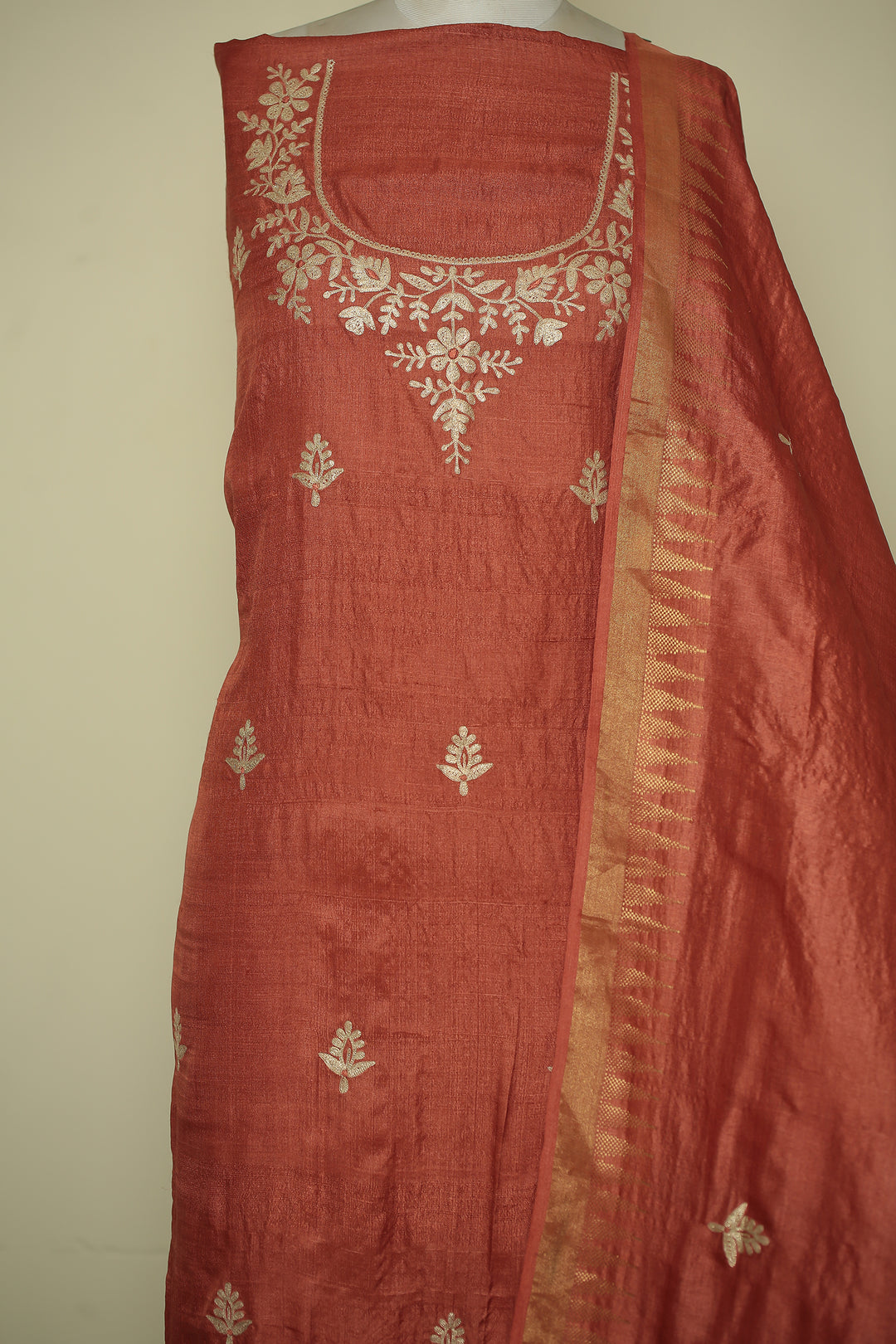 Tussar silk Unstitched Suit with Pittan work.