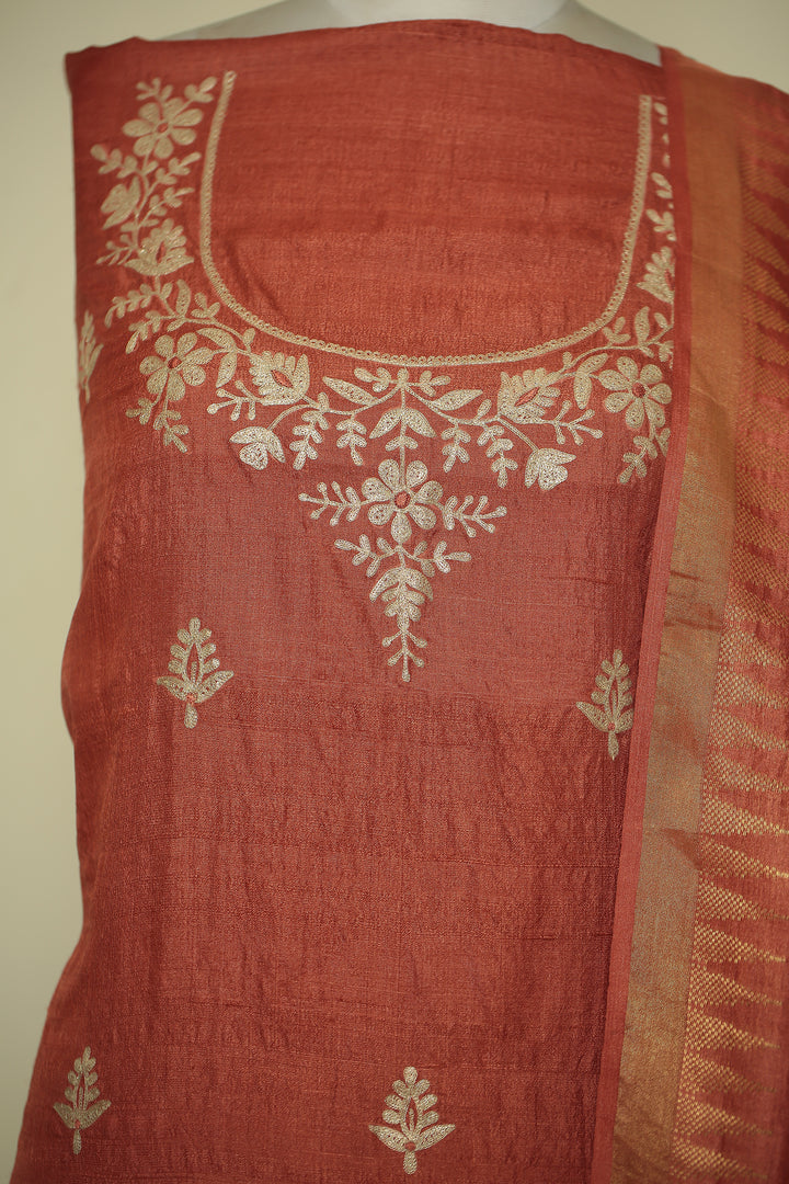 Tussar silk Unstitched Suit with Pittan work.
