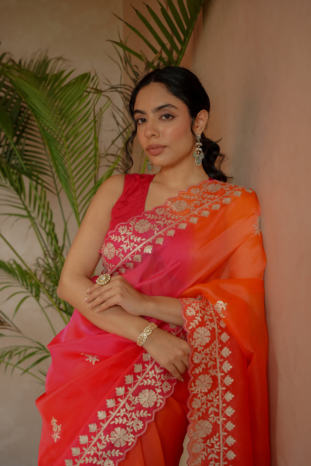 pink orange saree