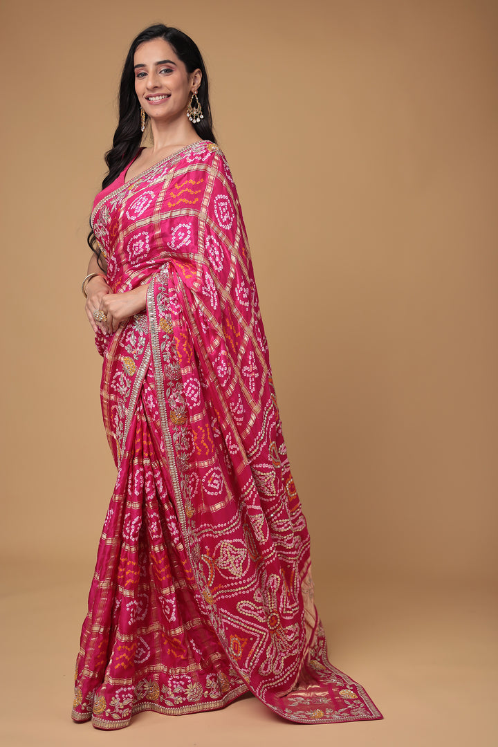 Bandhej Gajji Silk Saree with Gota Patti, Thread and Zardozi work