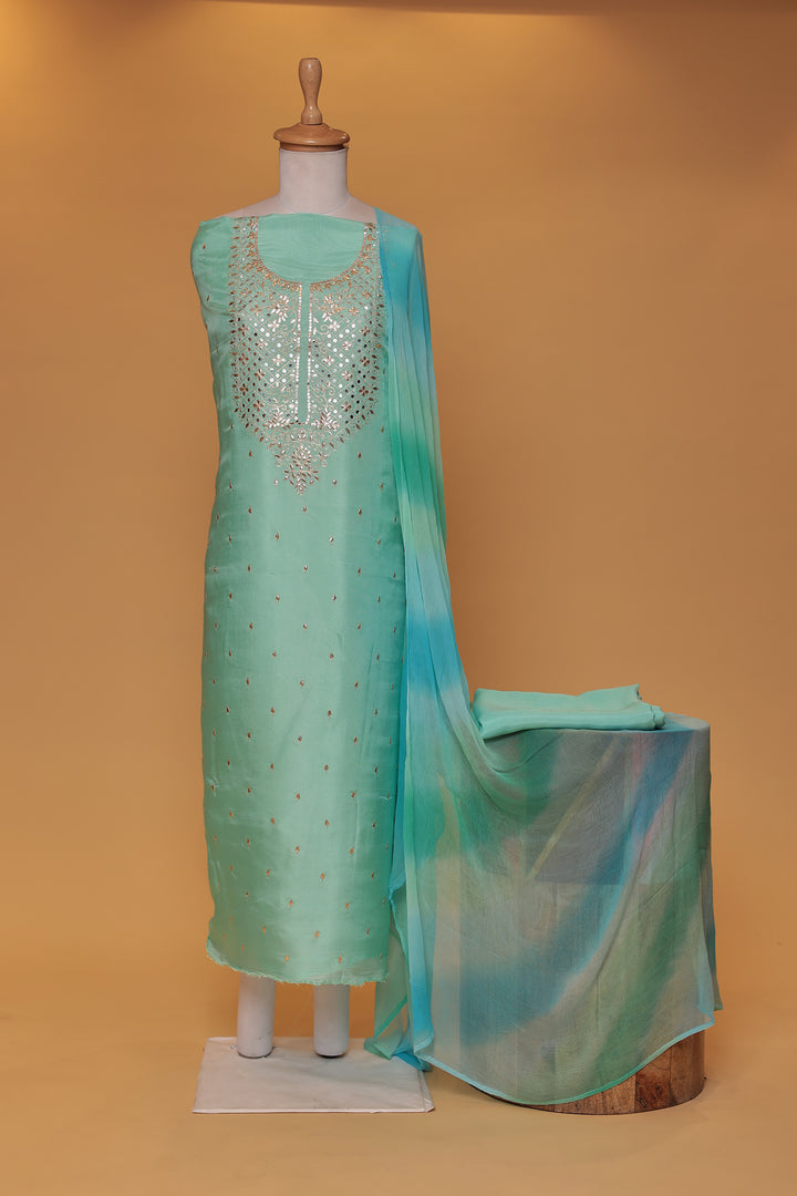 Silk Unstitched Suit with Aari, Gota Patti work.