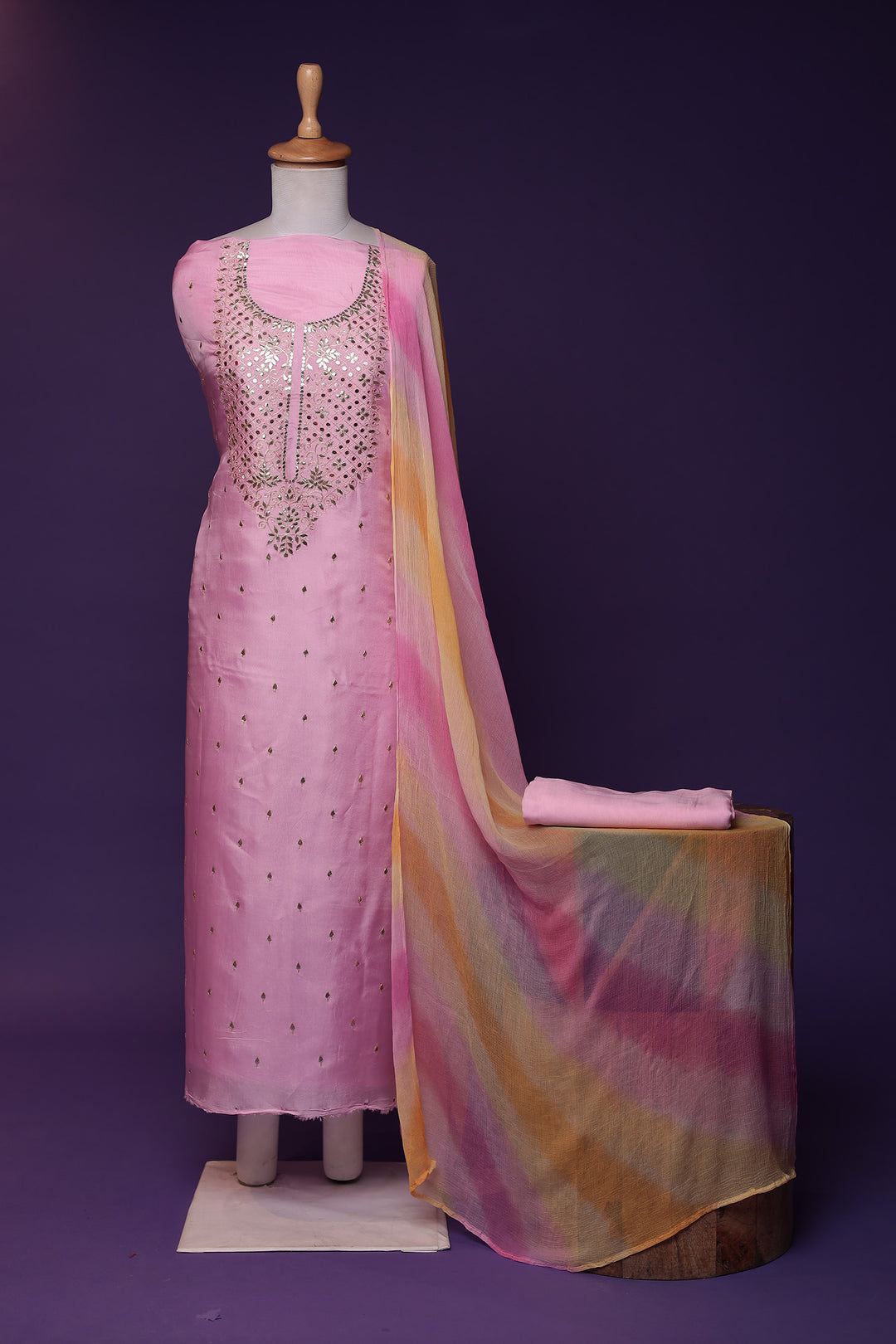 Silk Unstitched Suit with Aari and Gota Patti work