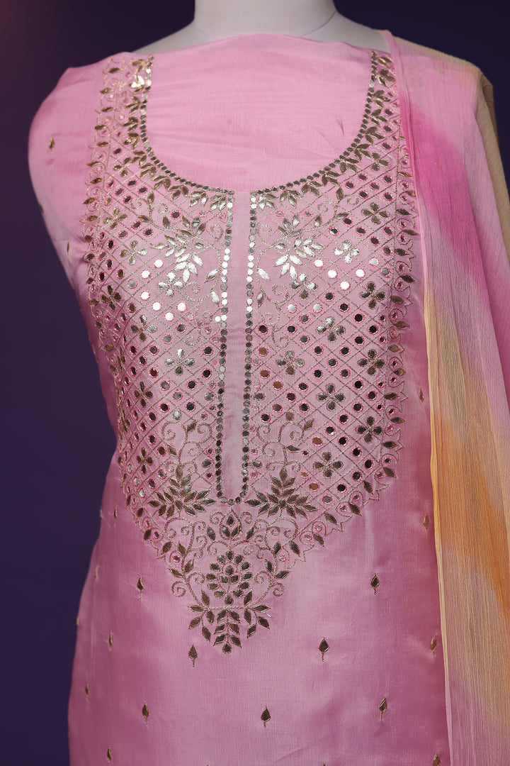 Silk Unstitched Suit with Aari and Gota Patti work