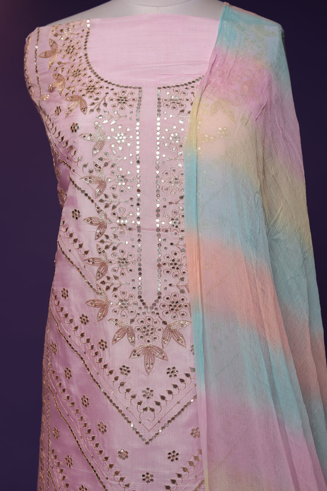 Silk Unstitched Suit with Aari and Gota Patti work