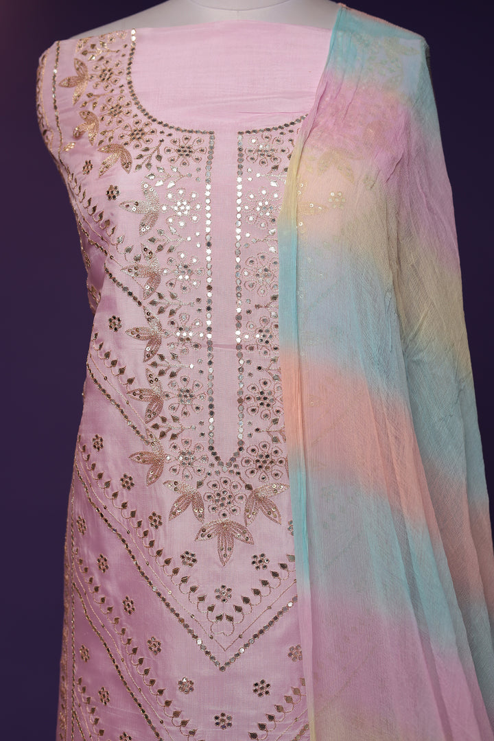 Silk Unstitched Suit with Aari and Gota Patti work