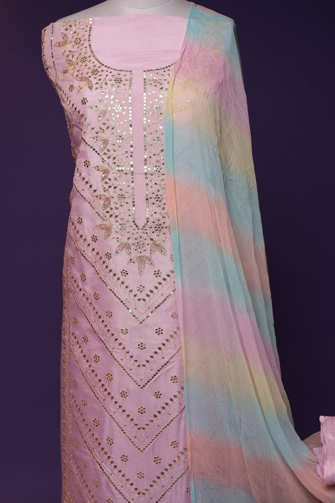 Silk Unstitched Suit with Aari and Gota Patti work