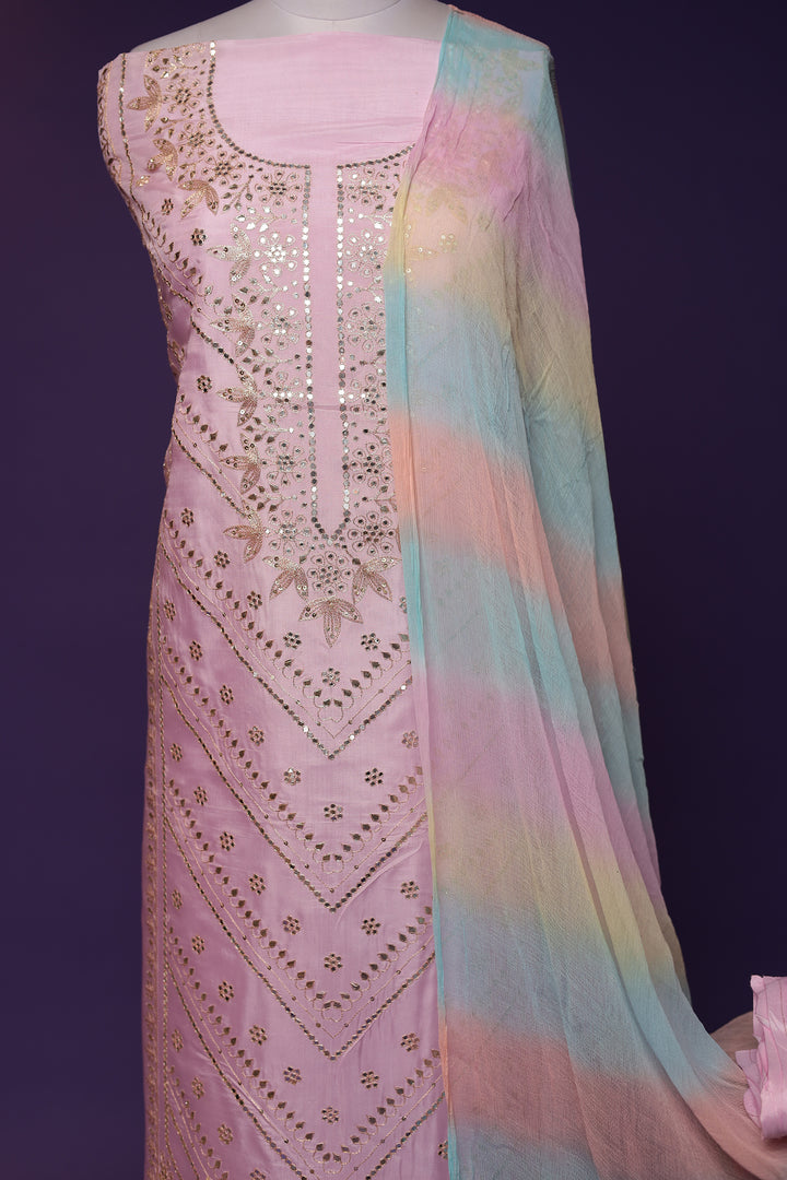 Silk Unstitched Suit with Aari and Gota Patti work