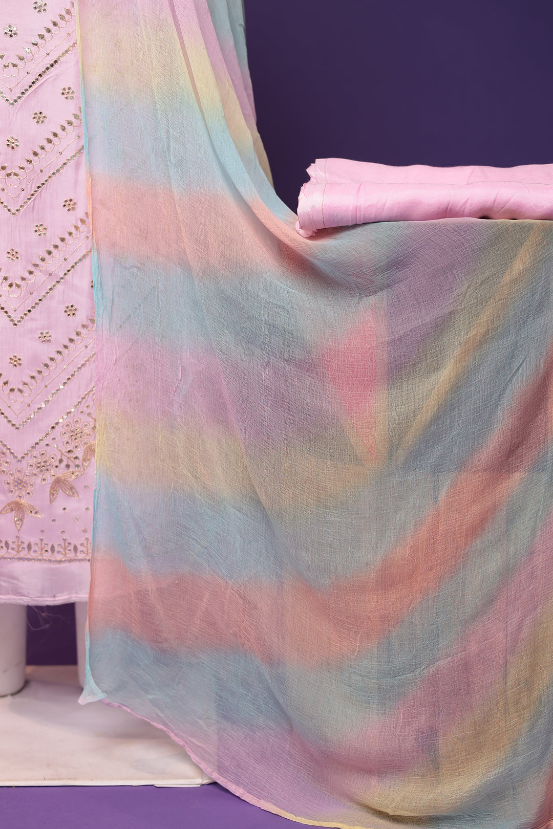 Silk Unstitched Suit with Aari and Gota Patti work