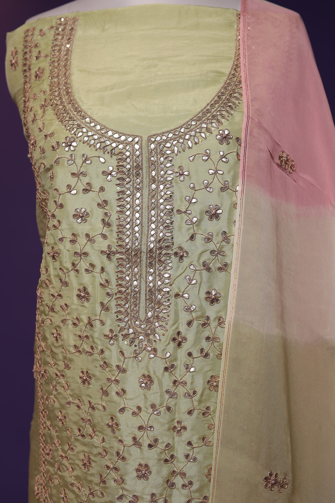 Silk Unstitched Suit with Dori and Gota Patti work
