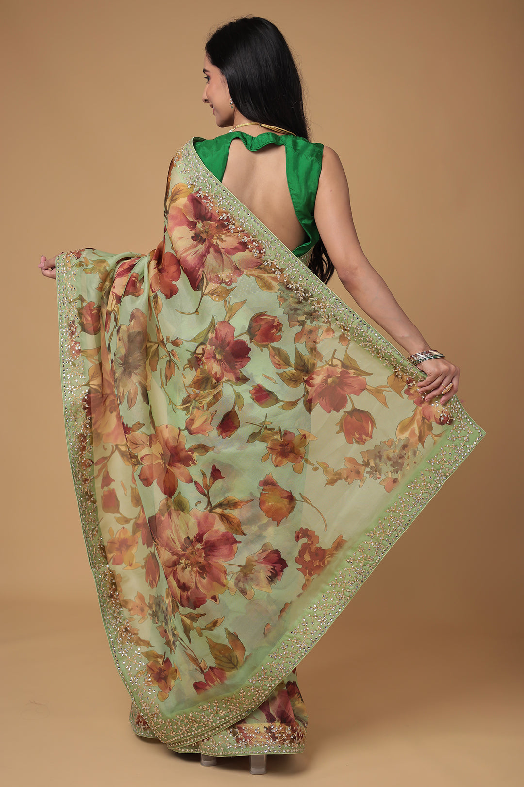 Floral Print Organza Saree with Dori, Printed and Stone work