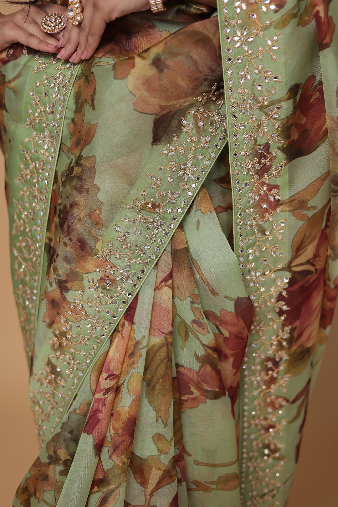 Floral Print Organza Saree with Dori, Printed and Stone work