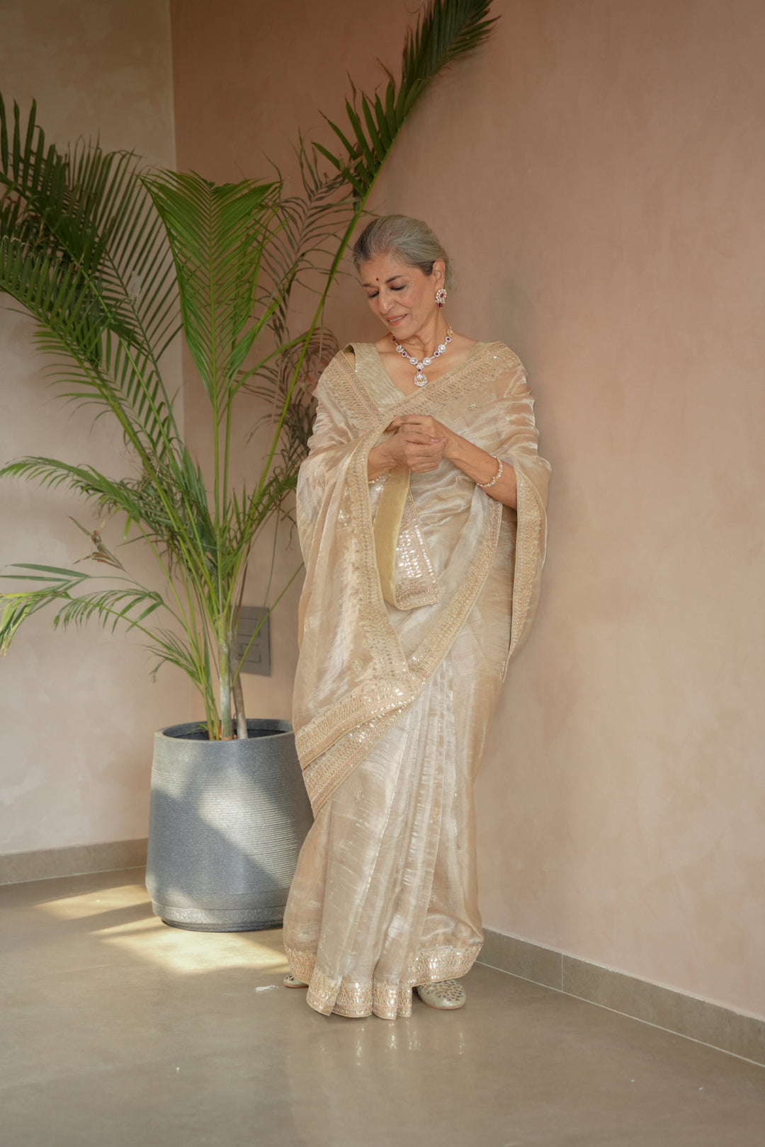 Tissue Saree Embroidered with Dori, Gota Patti and Pearl work