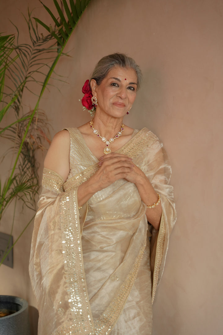 Tissue Saree Embroidered with Dori, Gota Patti and Pearl work