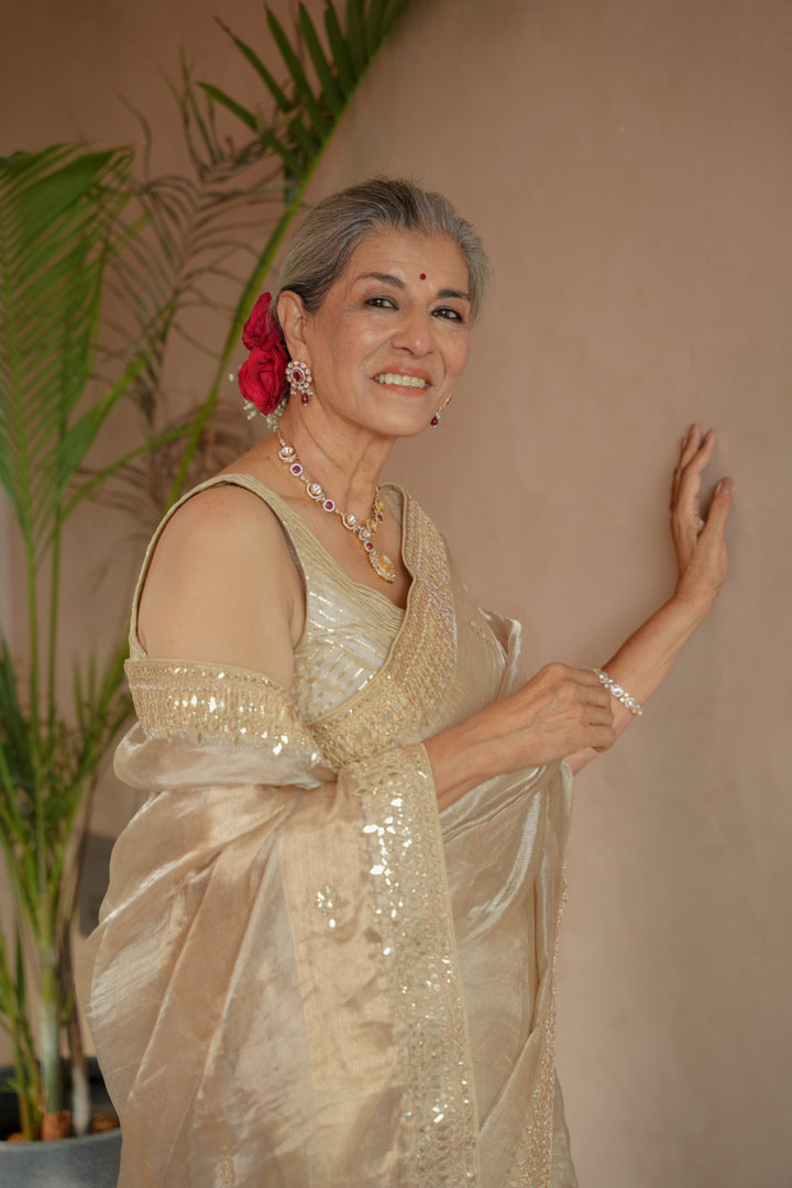 Tissue Saree Embroidered with Dori, Gota Patti and Pearl work