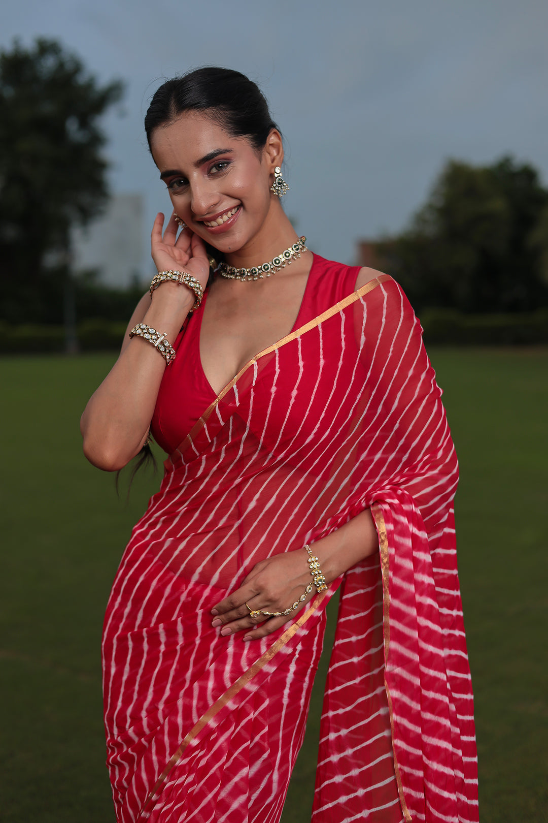 Leheriya Chiffon Saree with Zari Border