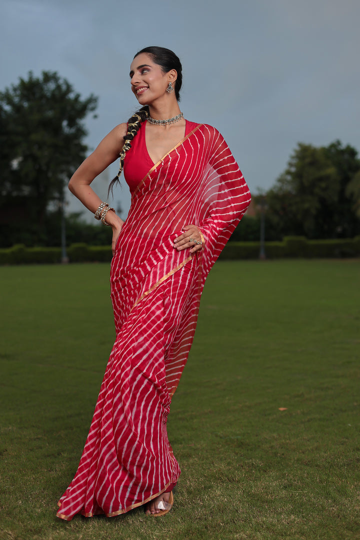 Leheriya Chiffon Saree with Zari Border