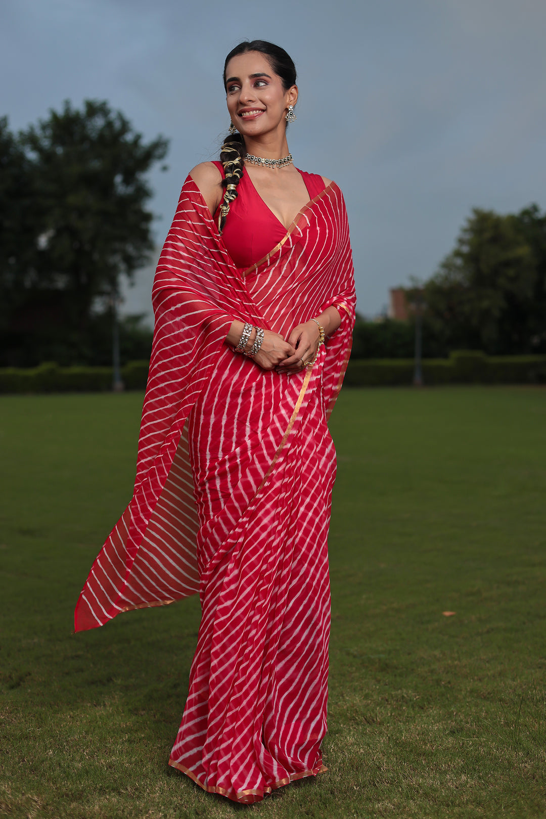 Leheriya Chiffon Saree with Zari Border