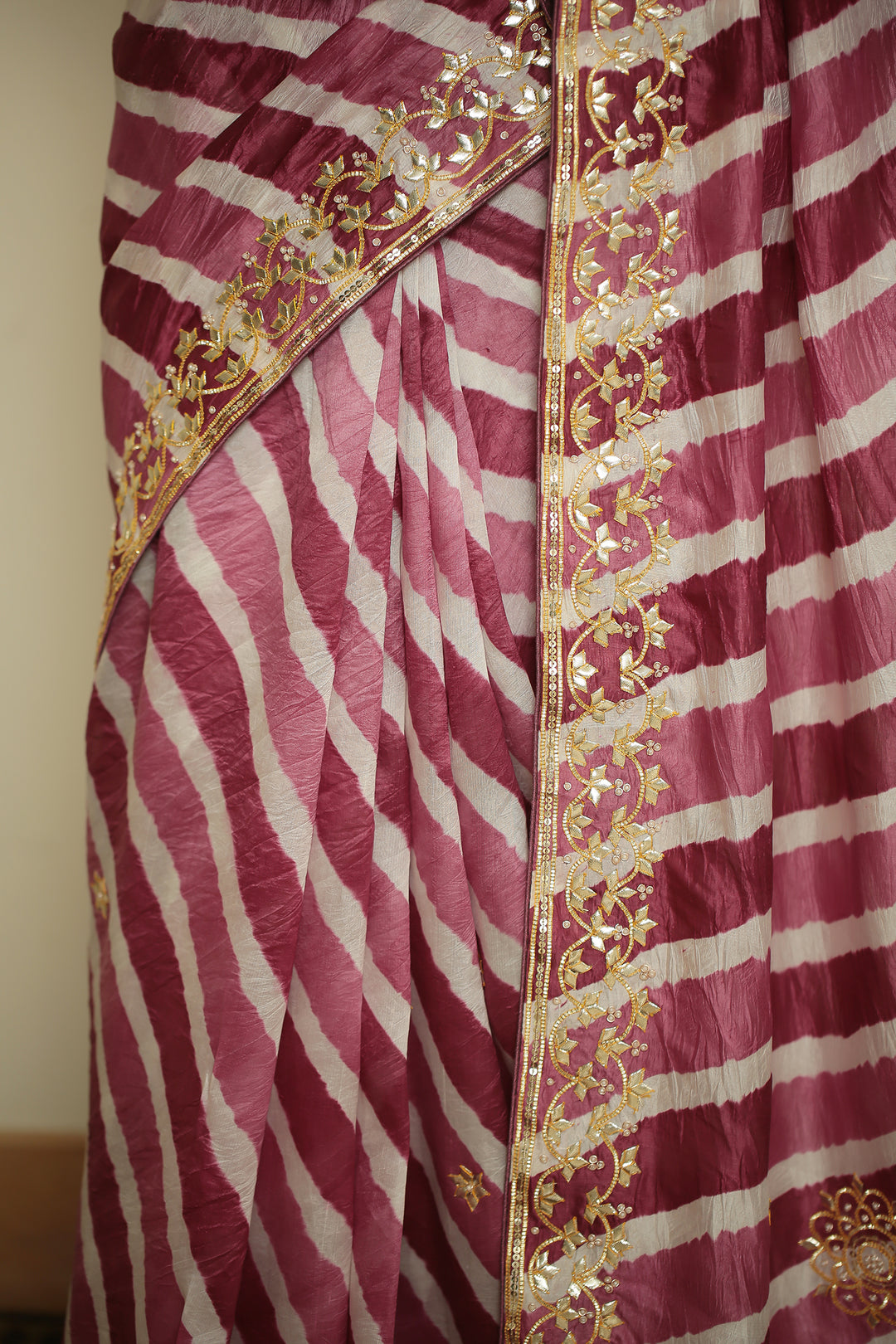 tassur laheriya Saree with Gota, Gota Patti, Pearl, Sequins, Zardozi, Zari work.
