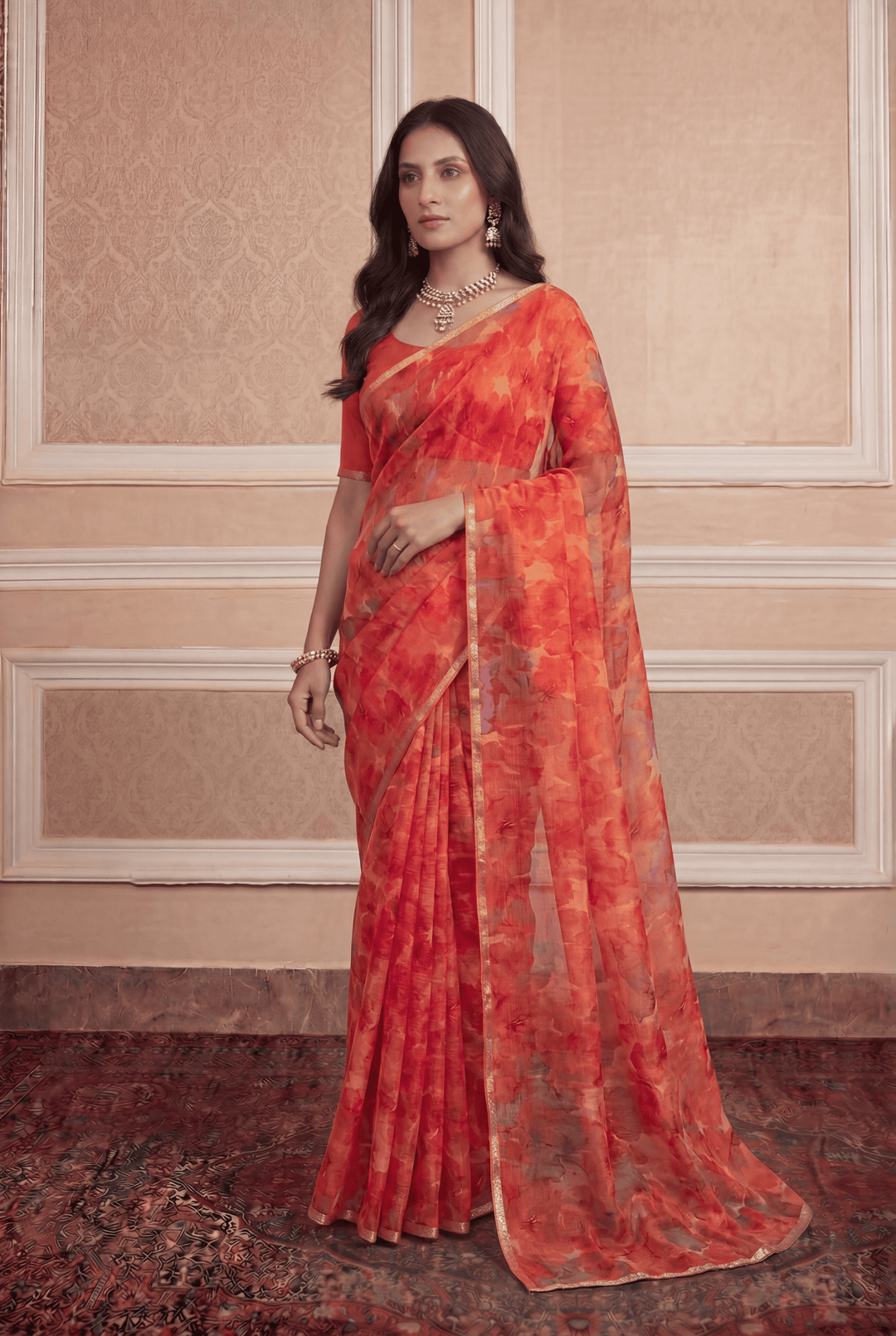 Printed Chiffon Saree with Zari work.