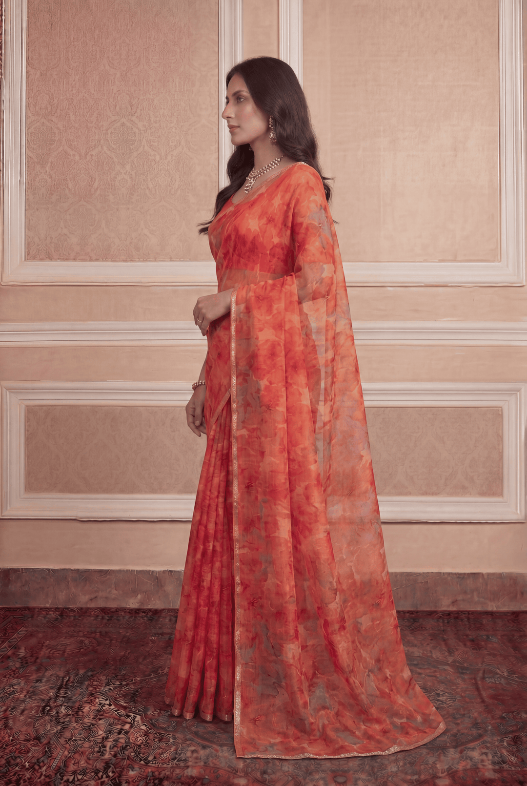 Printed Chiffon Saree with Zari work.