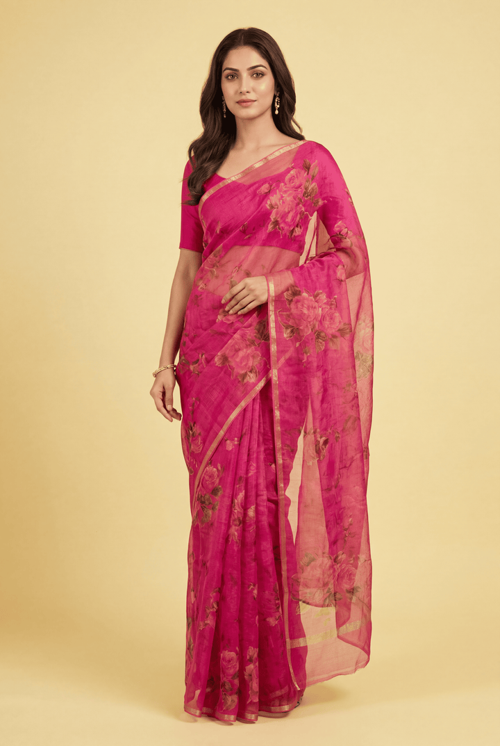 Printed Chiffon Saree with Zari work.