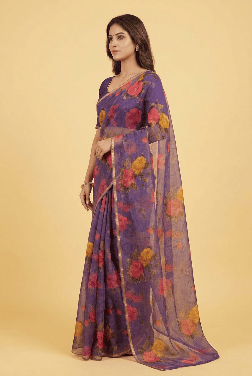 Printed Chiffon Saree with Zari work.