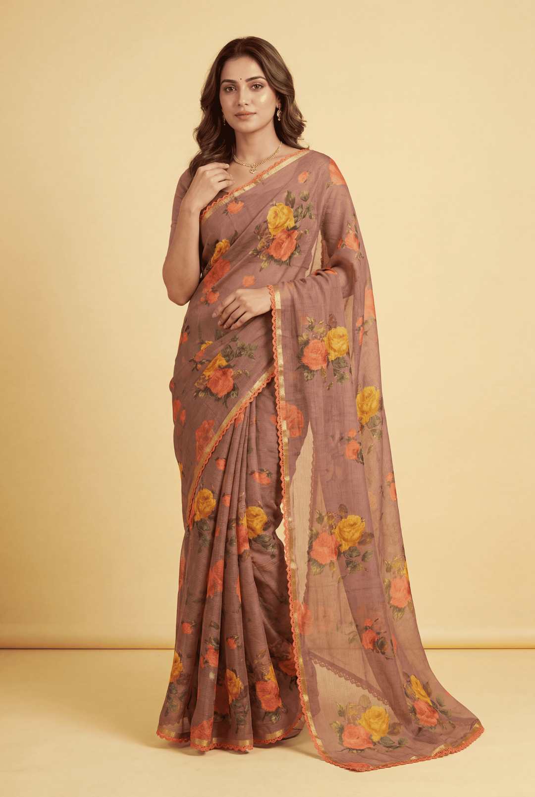 Printed Chiffon Saree with Zari work.
