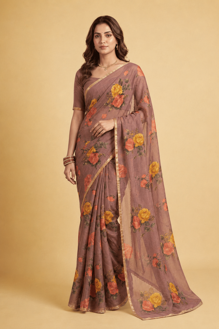 Printed Chiffon Saree with Zari work.