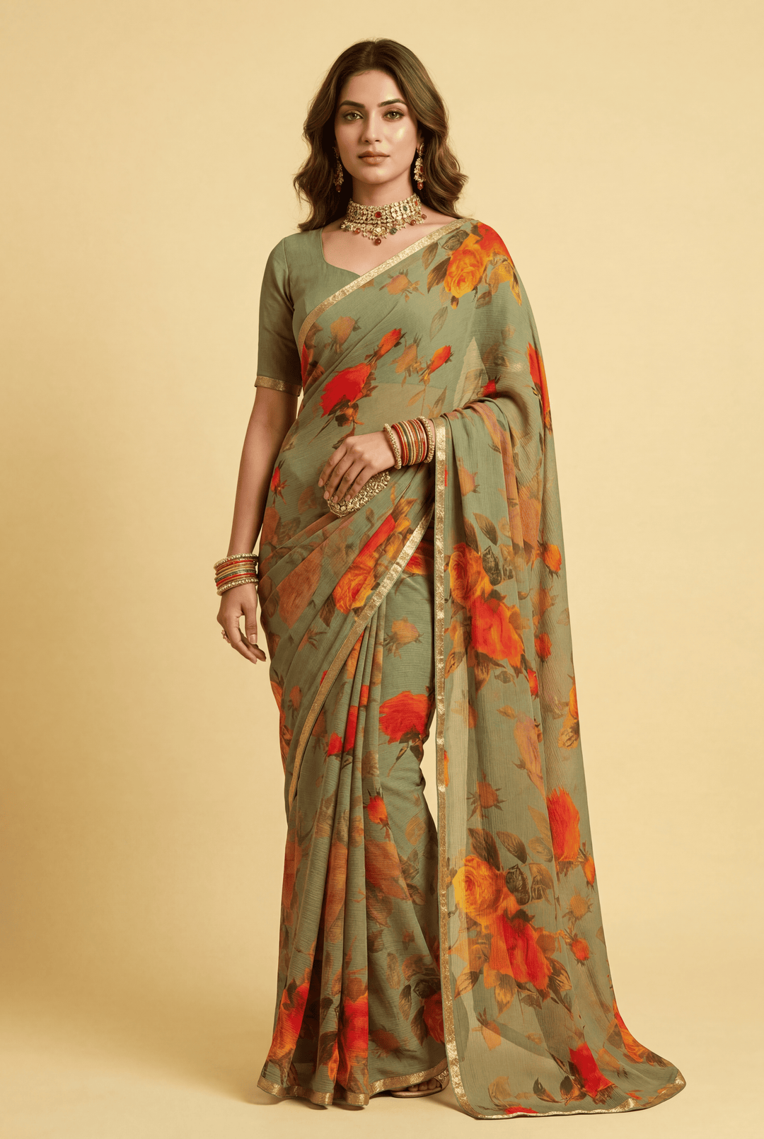Printed Chiffon Saree with Zari work.