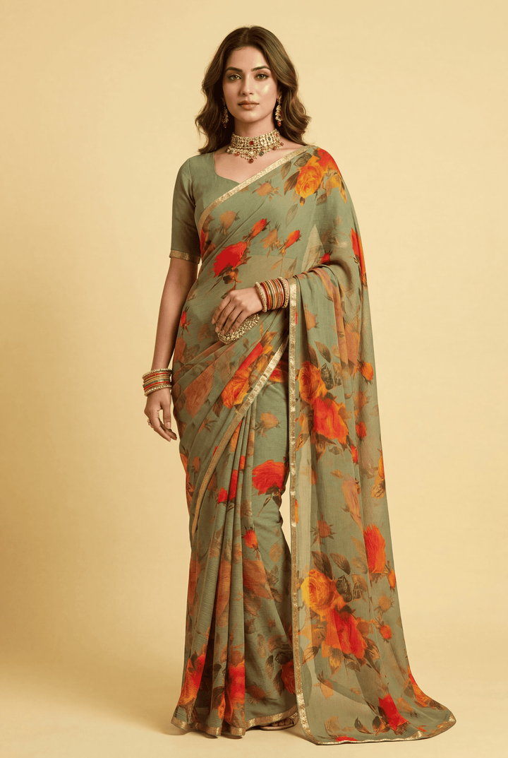 Printed Chiffon Saree with Zari work.