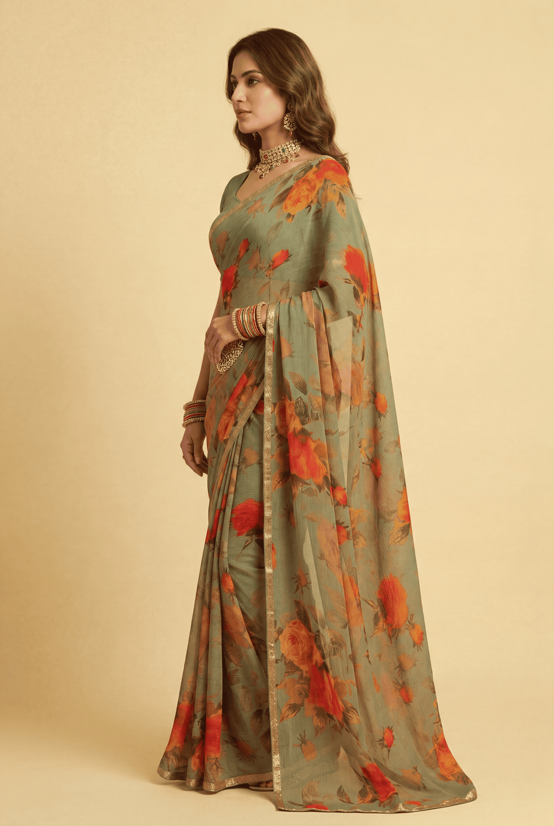Printed Chiffon Saree with Zari work.