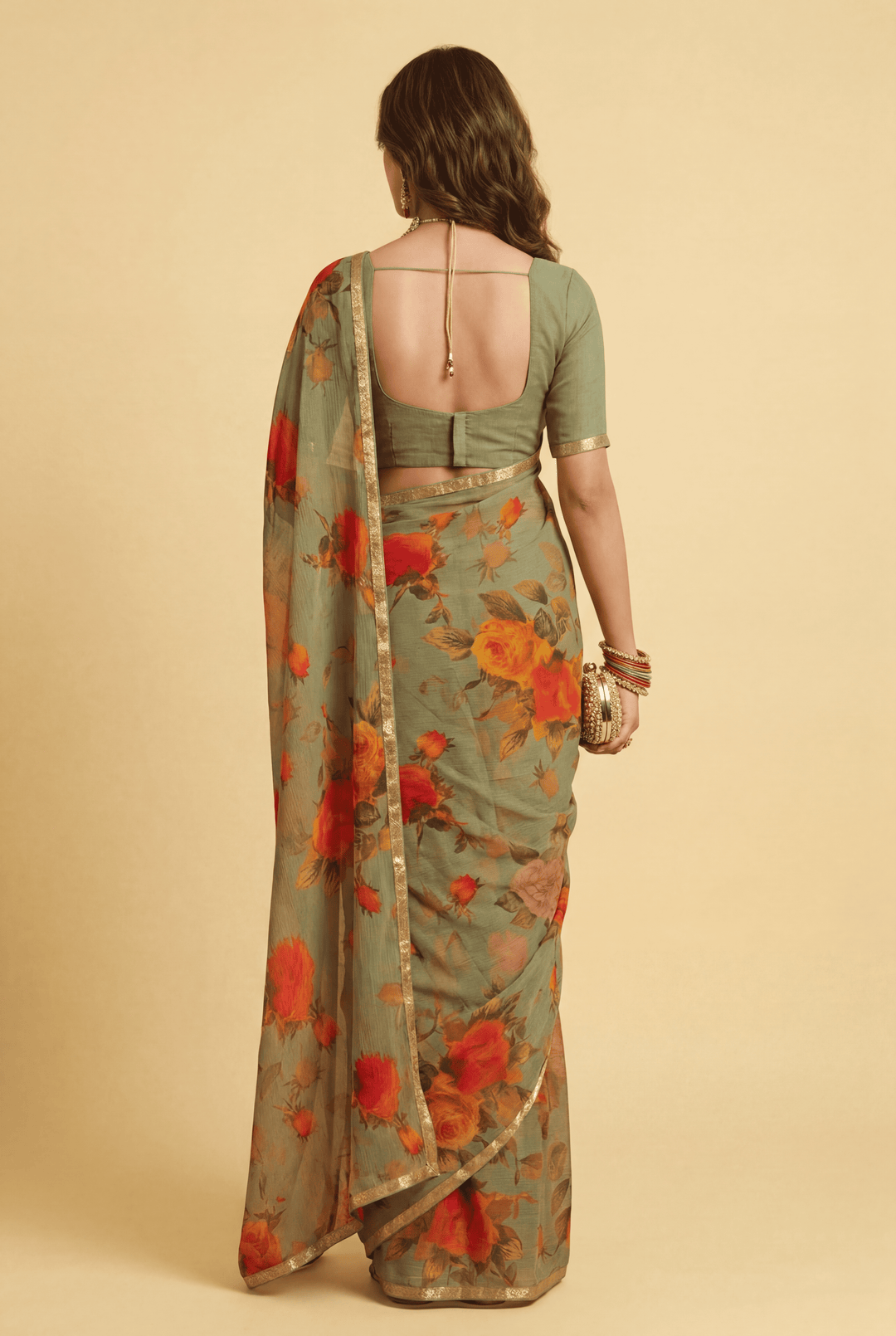 Printed Chiffon Saree with Zari work.