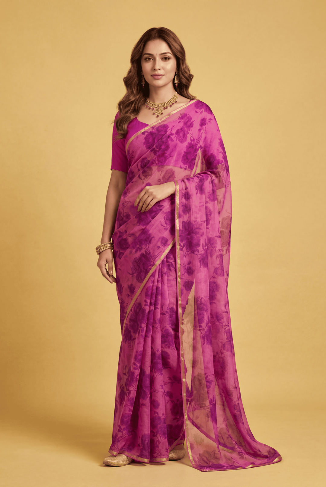 Printed Chiffon Saree with Zari work.